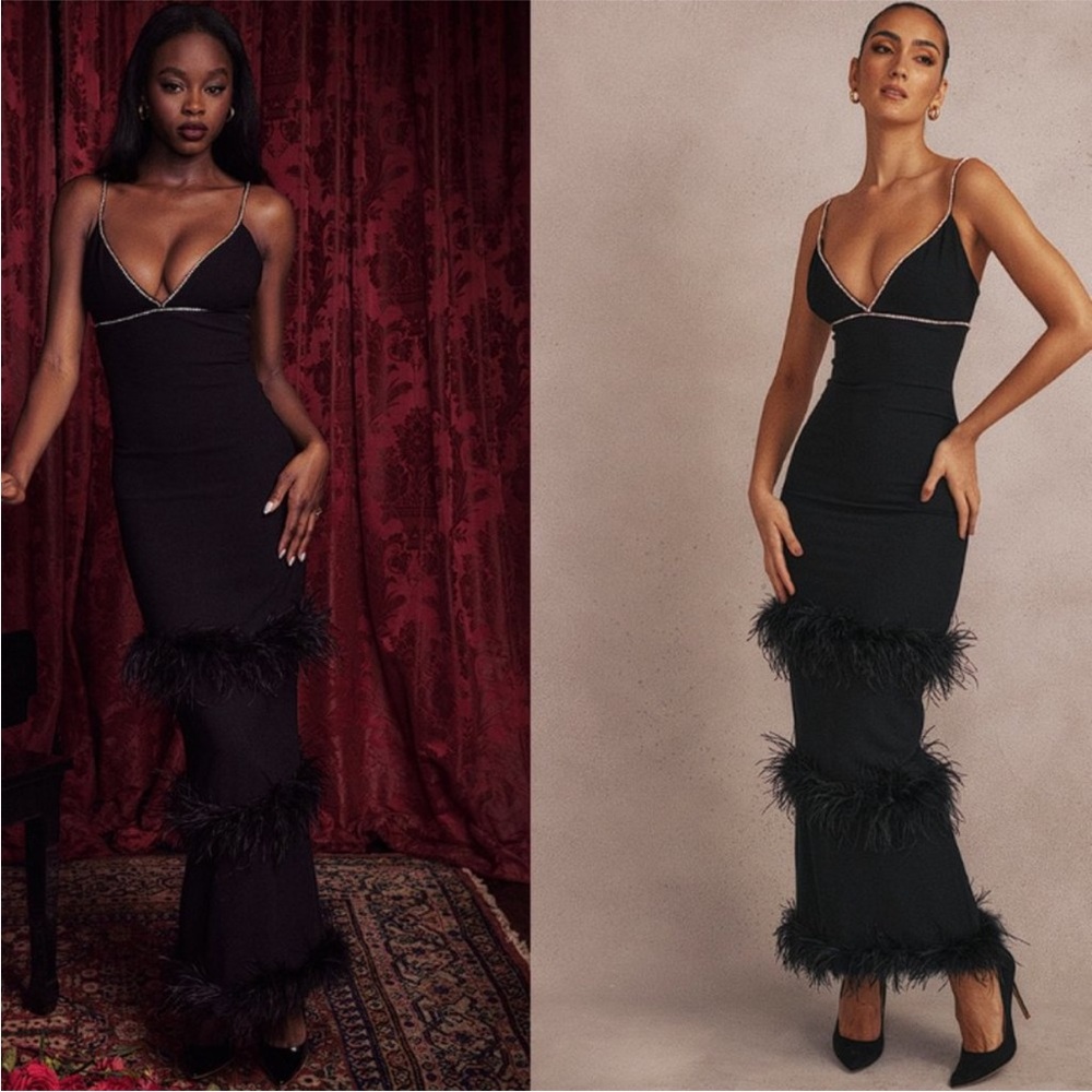 House of CB Maricel Crystallized rhinestone Fringe Ostrich feather Maxi Dress XS